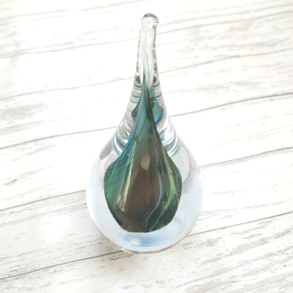 GLASS ART: Teardrop Green Paperweight, 5" Tall x 3" wide